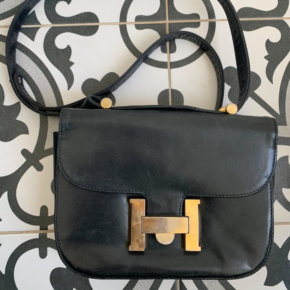 Vintage leather crossbody bag - blue gold statement clutch retro